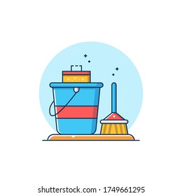 Gráfica vectorial de Ilustración de Esquema Plano del Icono de Servicio de Limpieza (Cubo y Escoba). Perfecto para su icono de aplicaciones, pancarta, etc.