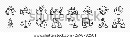 Flat outline innovation process, puzzle solution, communication strategy, handshake, contract, project management, corporate handshake icon set concept for professional cooperation and success growth