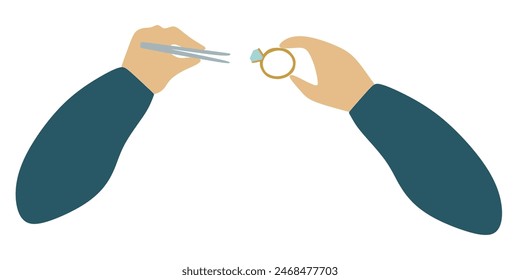 Flat And Outline jeweler hands Holding Tweezers and Big Ruby Gemstone. Red Brilliant icon. Jeweler profession. Jeweler day card. Vector Cartoon illustration isolated on white. Jewelry making concept.