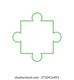Flat outline jigsaw puzzle piece. Silhouette of puzzle tile for boardgame or toy. Simple green graphic design for hobby, activity, or tabletop game concept.