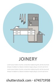 Flat outline joinery icon on the blue background. Isolated black and white illustration. Modern workshop interior design. Vector line concept.