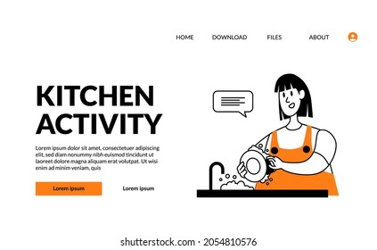 flat outline modern illustration kitchen activity woman household wash plate at sink