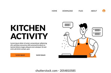 flat outline modern illustration kitchen activity man seasoning with salt on the food after cooking for good taste