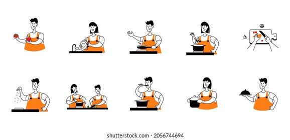 flat outline modern illustration for landing page set kitchen activity by man and woman chef homemade household hobby for fun activity