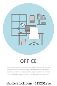 Flat outline office icon on the colorful background. Work place isolated black and white illustration. Modern office interior design. Vector template for poster, brochure, web site.