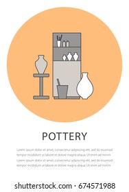 Flat outline pottery icon on the orange background. Isolated black and white illustration. Modern pottery workshop interior design. Vector line concept.