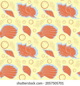 Flat outline sea shells, bubbles seamless pattern for fabric, textile, apparel, interior, stationery, wrapping paper, scrapbooking. Trendy marine endless texture. Exotic ocean shells contours