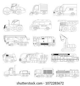 Flat outline seamless pattern with trucks, ambulance, fire trucks, hydraulic hummer, tractor