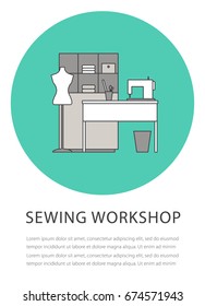 Flat outline sewing workshop icon on the turquoise background. Isolated black and white illustration. Modern tailor interior design. Vector line concept.