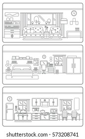Flat outline style image of living room, bed room, and kitchen.