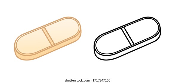 Flat and outline style oval pills isolated illustration. Colored and in black lines. White background, vector.