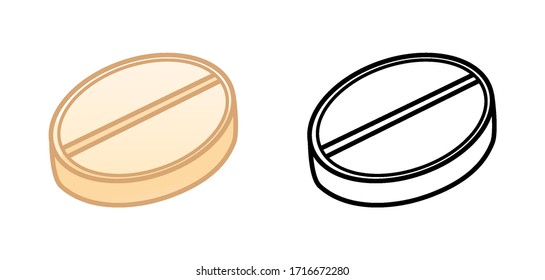 Flat and outline style round pills isolated illustration. Colored and in black lines. White background, vector.