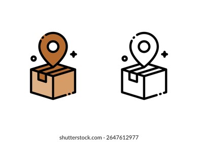 Ícone de vetor plano e de contorno de uma caixa de papelão com um pino de localização na parte superior, representando o status do rastreamento da entrega ou do local de entrega. Perfeito para uso em logística e aplicativos de correio, rastreamento de pedidos