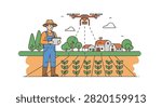 Flat outline vector illustration of a male farmer in overalls using a digital tablet to operate an agricultural drone monitoring a field of crops near farm houses and trees.
