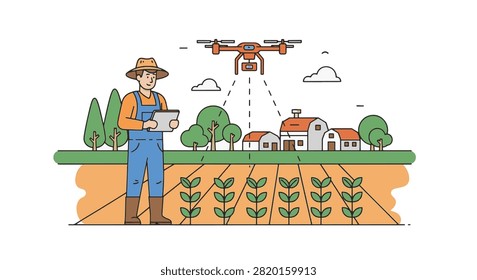 Flat outline vector illustration of a male farmer in overalls using a digital tablet to operate an agricultural drone monitoring a field of crops near farm houses and trees.