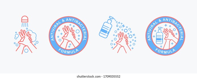 Embellecedor de gomas de espesor plano conjunto de botellas de bombeo de desinfectante, gel de lavado, gel de alcohol, manos de lavado. Iconos vectoriales de fórmula antibacteriana del coronavirus. Etiquetas de protección sanitaria Coronavirus Covid-19