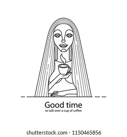 Flat Outline Woman with cup of Coffee. Young woman in Cafe. Pleasure breakfast