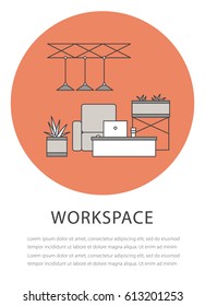 Flat outline working space icon on the colorful background. Coffee shop isolated black and white illustration. Modern work place interior design. Vector template for poster, brochure.