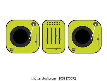Flat outlined dj turntables illustration. Green vinyl turntable. Flat style vector drawing. Green gramophone. Dj set.