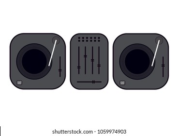 Flat outlined dj turntables illustration. Grey vinyl turntable. Flat style vector drawing. Grey gramophone. Dj set.