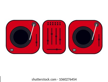 Flat outlined dj turntables illustration. Red vinyl turntable. Flat style vector drawing. Red gramophone. Dj set.