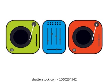 Flat outlined dj turntables illustration. Green and red vinyl turntables. Flat style vector drawing. Colorfull gramophones. Dj set.