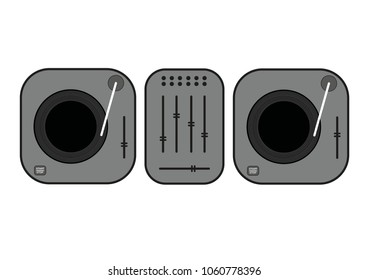 Flat outlined dj turntables illustration. Grey vinyl turntable. Flat style vector drawing. Grey gramophone. Dj set.