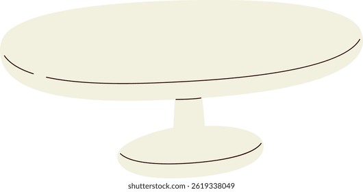 A flat, oval table with a single pedestal base is shown in a minimalist drawing style.  The image depicts a simple, round-topped furniture piece on a sturdy support. Cartoon vector illustration