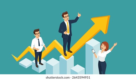 Flat Overhead Illustration of Business Team Celebrating Growth on Bar Graph with Upward Arrow