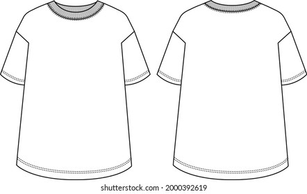 
Flat oversized Short sleeve T-shirt Technical sketch fashion template for Women's. Vector art illustration Clothing mock up front and back view isolated on white background. Easy Edit customizable