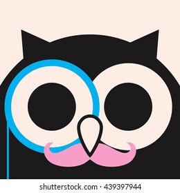 Flat owl in eyeglasses, funny owl minimalistic picture, illustration for children, vector art