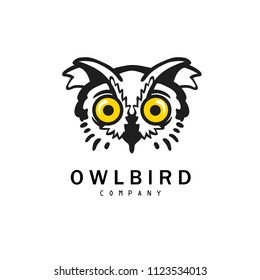 Flat owl logo with yellow eyes. Owl logo isolated on white background.