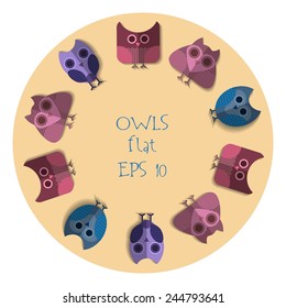 Flat owls on beige background
