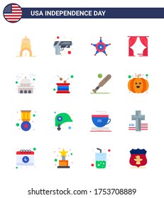 Paquete plano de 16 símbolos emblemáticos del Día de la Independencia de Estados Unidos; construcción; la policía; ee.uu. elementos editables de diseño de vectores de USA Day
