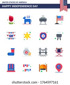 Flat Pack of 16 USA Independence Day Symbols of party decoration; usa; barbeque; international; country Editable USA Day Vector Design Elements