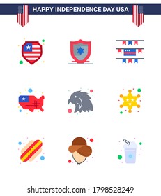 Flat Pack of 9 USA Independence Day Symbols of american; police; united; military; eagle Editable USA Day Vector Design Elements