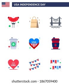 Flat Pack of 9 USA Independence Day Symbols of usa; heart; building; american; cola Editable USA Day Vector Design Elements