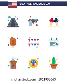 Flat Pack of 9 USA Independence Day Symbols of garland; ice cream; icecream; food; cold Editable USA Day Vector Design Elements