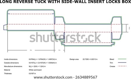 Flat packaging template long reverse tuck box design with side wall insert locks