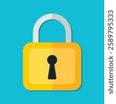 Flat padlock icon on blue background. Padlock closed vector illustration. Flat cartoon pad locks golden yellow design