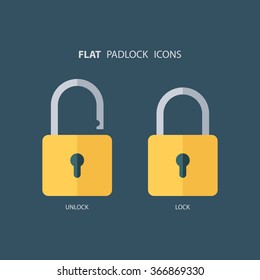 Flat Padlock Icons. Lock And Unlock. Concept Password, Blocking, Security. Lock Symbol. Lock Vector Icon. Vector Illustration.