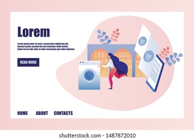 Flat Page Template for Electronics Online Store with Copy Space for Your Text. Young Busy Urban Woman Going Shopping Through App in Her Gadget to Buy New Washing Machine, Saving Time