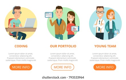 Flat page web design template infographics website icons thin line vector illustration. Coding, portfolio, team, programmer. Business team concept.