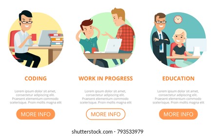 Flat page web design template infographics website icons thin line vector illustration. Coding, portfolio, team, programmer. Business team concept.