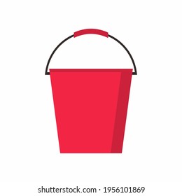 Flat pail element. Red plastic bucket with handle cartoon vector illustration icon isolated on white background. Bucket household items for cleaning the house and gardening