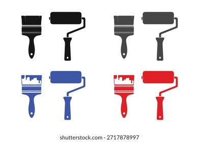 Ícones de pincel plano e cilindro de pintura definidos em azul preto e vermelho