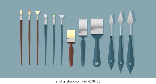 Flat paint brushes and palette knifes set