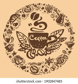 Flat painted hands of the elements of the poster. A cup of excellent aromatic coffee and a variety of goodies.