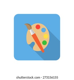 Flat palette and paints icon with long shadow. Vector illustration