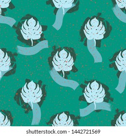 Flat Palm Leaves and Brush Strokes Seamless Pattern .